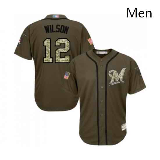 Mens Milwaukee Brewers 12 Alex Wilson Authentic Green Salute to Service Baseball Jersey